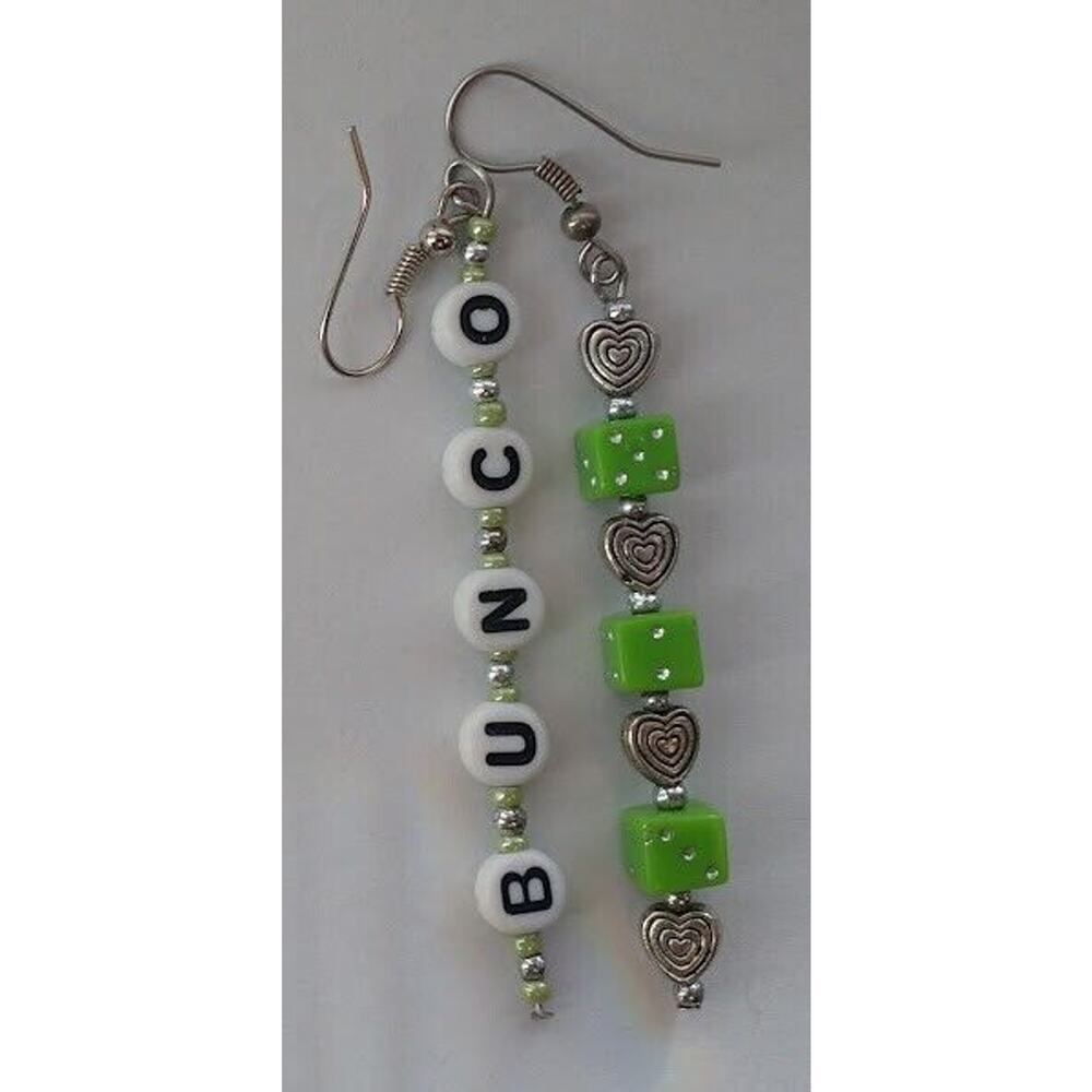 Bunco Earrings Handmade Original Design Green Dice Silver Heart Bunco Lover Gift